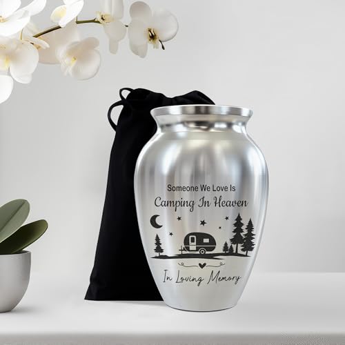 Forest Camping Memorial Mini Urn, Stainless Steel Small Keepsake Urn for Human Ashes, Engraved Campfire Design, 2.56" Funeral Remembrance Vessel for Camper & Nature Lovers