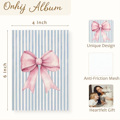 Coquette Pink Bow Photo Album 4x6 Hold 36 Photos, Retro Preppy Blue Striped Aesthetic Small Photo Album Picture Memory Book Keepsake for Graduation Wedding Anniversary Travel Vacation - color: Pink Bow 4