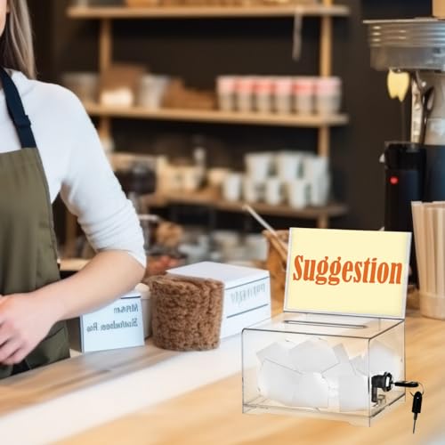 FOCCTS Clear Acrylic Donation Box with Lock, Ballot Box Suggestion Boxes With Sign Holder, Raffle Boxes With Slot for Voting Donation Ticket Comment Tips(6.2" x 4.5" x 4")