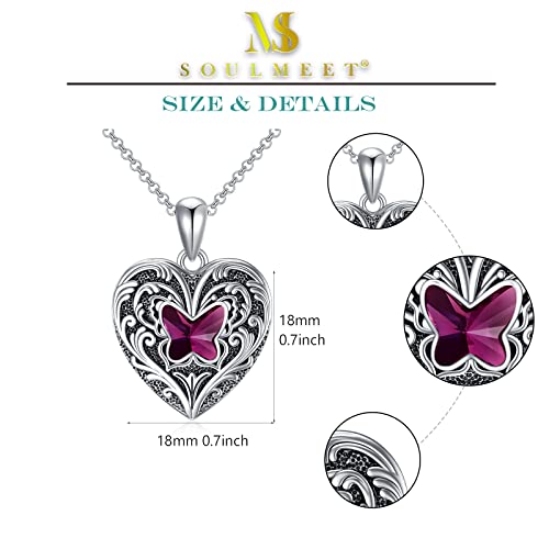 SOULMEET Personalized Butterfly Locket Necklace That Holds Up to 2 Pictures, Memorial Insects Silver Butterfly Photo Locket Custom Any Photo Healing Gift - color: H-Crystal Purple, style: Locket+Custom Photo