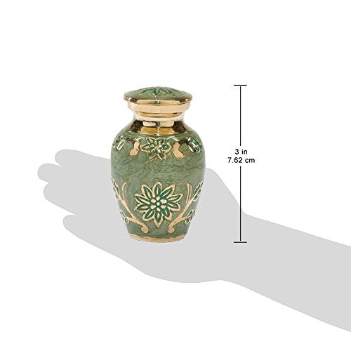 Green Garden Brass Keepsake Cremation Urn | Unique Brass Funeral Urn with Gold & Green Enamel Details | Keepsake - size: Keepsake