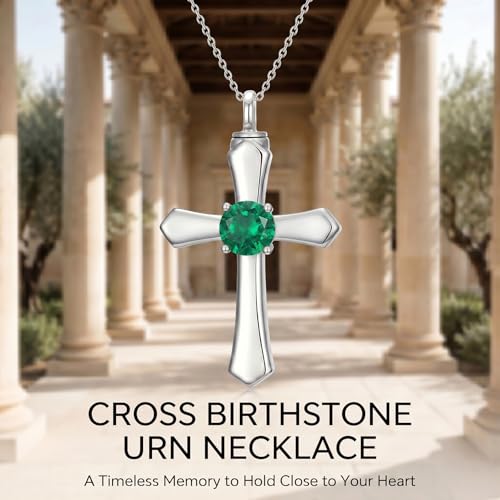YYB Urn Necklace for Ashes Women Heart Birthstone Cross Cremation Jewelry | Memorial Keepsake Funeral Jewelry for Loved Ones (with Funnel Filler) - color: 05--Emerald May