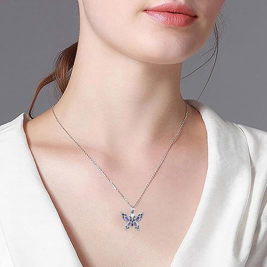 Q&D&S Cremation Butterfly Urn Necklace Jewelry for Ashes for Women Stainless Steel Inlaid Crystal Memorial Pendant Human Pet Ash Holder Gift A Loss of Loved Ones - color: purple
