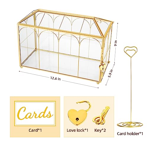 Glass Wedding Card Box with Lock, 12.6x5.9x9 inches Large Gold Card Boxes | Wedding Card Boxes for Reception, Glass Card Box for Wedding, Graduation, Keepsake Display, Party Centerpiece Decorative Box - size: 12.6 x 5.9 x 9 Inches with Arch