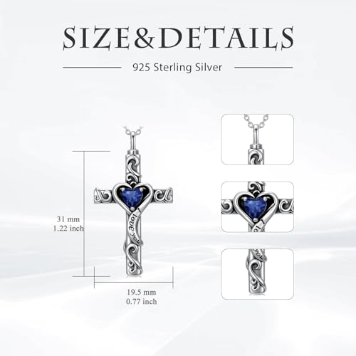 TOUPOP Cross Urn Necklaces for Ashes Birthstone Cremation Jewelry 925 Sterling Silver Cross Memorial Keepsake Jewelry for Women (with Funnel Filler) - color: 09-September-Sapphire