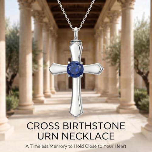 YYB Urn Necklace for Ashes Women Heart Birthstone Cross Cremation Jewelry | Memorial Keepsake Funeral Jewelry for Loved Ones (with Funnel Filler) - color: 09--Sapphire September