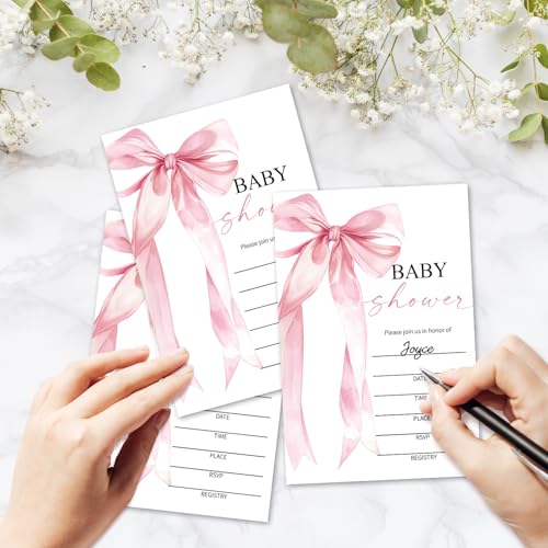 Baby Shower Invitations for Girls, Pink Bow Baby Announcement Invite Cards, 25 Set of Fill-in Baby Shower Invites with Envelopes, Gender Reveal Party Supplies -B05 - color: Pink Bow-03