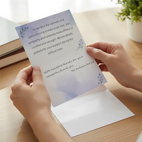 Funeral Thank You Cards with Envelopes & Stickers, 40 Pack 4x6 Inch Folded Bereavement Sympathy Thank You Cards with Message Inside, 5 Watercolor Designs for Memorial Service, Family, Friends & Loved Ones (Watercolor A)
