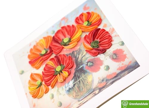 GREENHANDSHAKE Poppies Bouquet in Vase, quilling art greeting card for birthday, valentine's day, mother's day, anniversary, thank you, get well, 6" x 6" - style: Poppies Bouquet in Vase