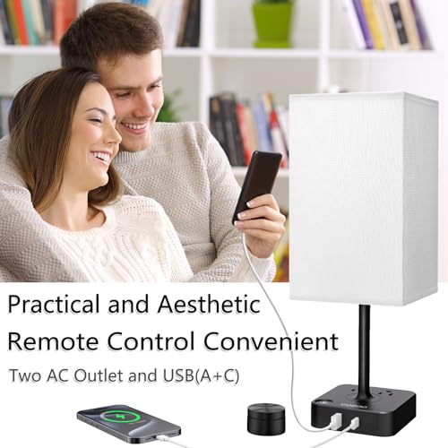 Bedroom Nightstand Lamp with Charger, Touch Table Lamps with Remote Control - color: Ivory White
