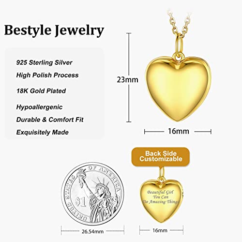 Bestyle Sterling Silver Heart Locket Necklace for Women, Dainty Cute Small Heart Locket Pendant in Gold/Rose Gold/Silver, Love Statement Jewelry Gift for Mother Wife - color: A0. Plain Bold Heart-Gold-Locket Only, NO Custom
