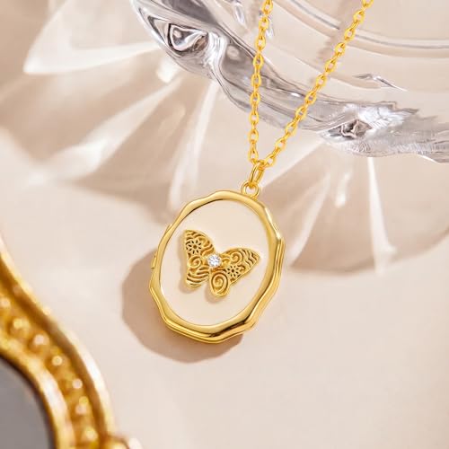 18K Gold Cross Locket Necklace for Women Holds Photo Necklace with Personalized Picture Necklaces Pendant 18 Inch Birthday Mother's Day for Women - color: Butterfly Locket Necklace