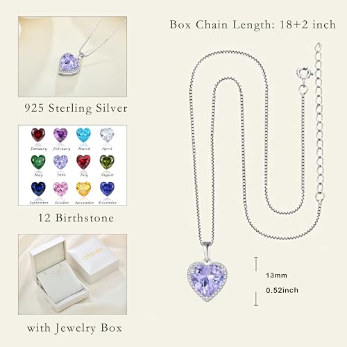 925 Sterling Silver Halo Heart Necklace for Women | Lwsary Love Heart Necklace, Heart Cut Birthstone Jewelry for Her - color: Lavender