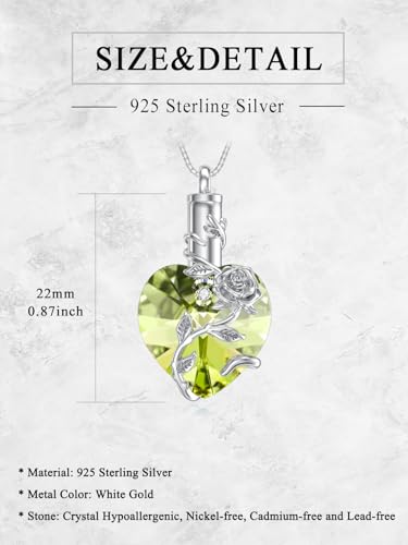 OCJ Heart Rose Flower Urn Necklace for Ashes Women Birthstone Cremation Necklaces Sterling Silver Memorial Cremation Jewelry Gifts - color: 08-Aug-Peridot