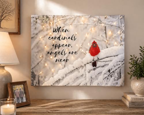 Cardinal Memorial LED Canvas Wall Art Set of 2 – Lighted Winter Snow Scene with “When Cardinals Appear Angels Are Near” – Sympathy Gift for Loss of Loved One – Battery Operated Wall Décor – 16" x 12"