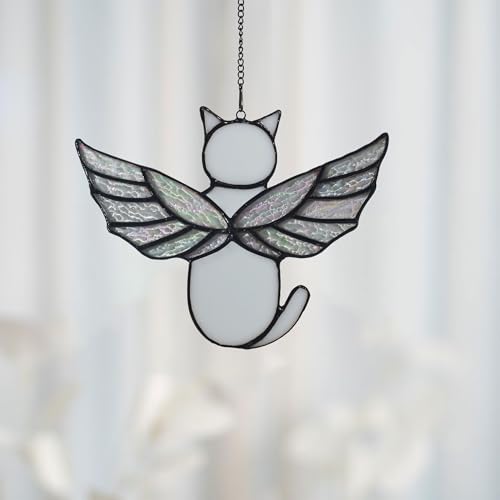 Angel Rainbow Wing Memorial Gifts - Stained Glass Cat Suncatcher, Loss of Cat Sympathy Gift (White) - color: White