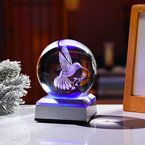 Crystal Ball 3D Engraved Hummingbird with LED Colorful Base 3.15‘’ - color: Hummingbird