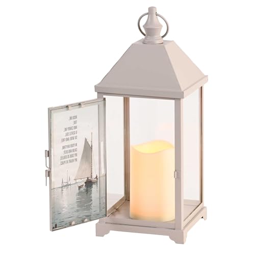 Magnolia Garden 14 Inch White Metal Traditional Lantern – LED Candle Home Decor – “Rock Me, Tide, and Carry Me o Gentle Sea, So Wide - size: 5.25 x 5.25 x 14, style: Sailboat Rock Me Tide
