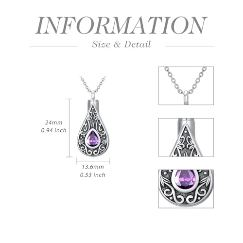 Teardrop Urn Necklace for Ashes Filigree Birthstone Keepsake Pendant Cremation Jewelry for Ashes Memorial Jewelry Gifts for Loss of a Loved One for Women - style: Feb-Amethyst