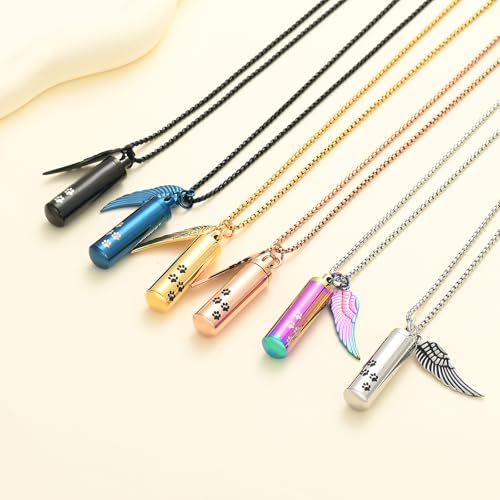 Cylinder Cremation Jewelry Urn Necklace Pet Ashes Pet Paw Memorial Ashes Necklace with Angel Wing for Dog/Cat Keepsake Jewelry for Men Women - color: Customize