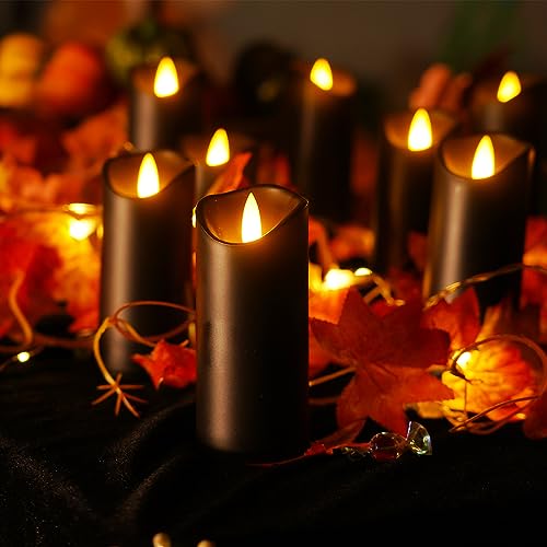 Homemory Black Flameless Candles, Halloween Candles, Battery Operated Candles, LED Pillar Candles with Remote Control and Timers, Set of 9 | Plastic shell, battery operated flickering c, les, dual remotes, indoor Halloween party, mantel, staircase , table