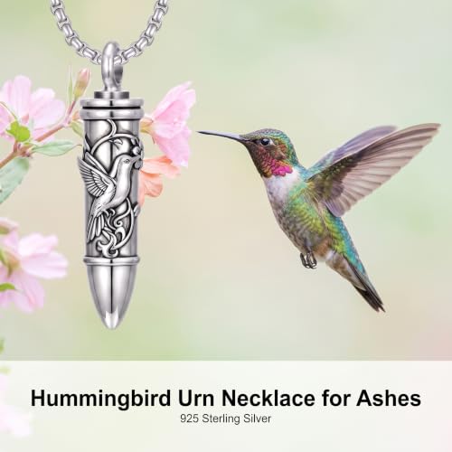 SIMONLY Bullet Urn Necklaces for Ashes 925 Sterling Silver Animal/Angel Wings/Pet/Jesus Necklace Bullet Pendant Cremation Jewelry for Men - color: Hummingbird