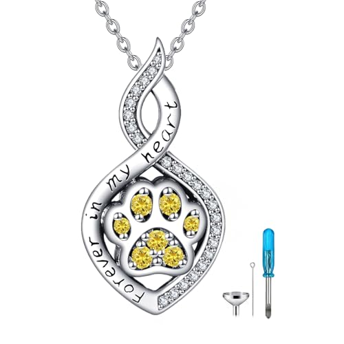 Butterfly/Dragonfly/Pet Paw/Tree of Life/Maple Leaf/Cross Urn Necklace for Ashes 925 Sterling Silver Cremation Pendant Jewelry Gifts for Women Mom - color: Paw-November