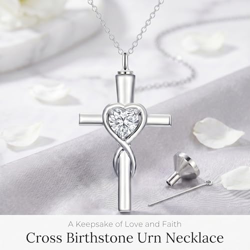 YYB Urn Necklace for Ashes Women Heart Birthstone Cross Cremation Jewelry | Memorial Keepsake Funeral Jewelry for Loved Ones (with Funnel Filler) - color: 04-Apr-CZ.