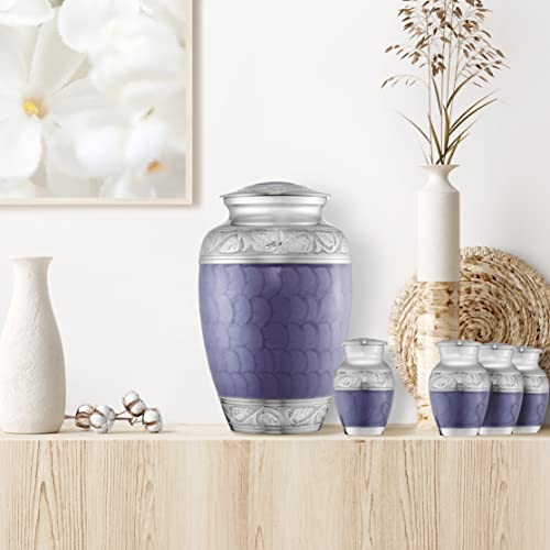 Reminded Set of 5 Etched Cremation Urns for Human Ashes - 1 Brass Adult + 4 Keepsake Token Size, Lavender - color: Lavender