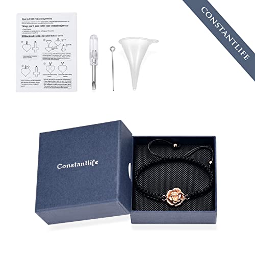 Rose Flower Ashes Bracelet Adjustable Braided Rope Cremation Jewelry | mini urn, stainless steel material, for women, waterproof sealed ring & lobster clasp keep ashes secure, with a filling tool - color: Rose Gold