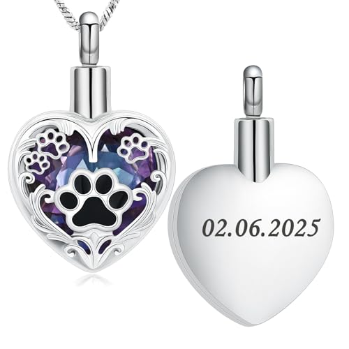 Yinplsmemory Pet Urn Necklace Pendant Jewelry for Dog Cat Memorial Crystal Heart Cremation Jewelry with Paw Print Ashes Keepsake Funeral Jewelry - color: Customize