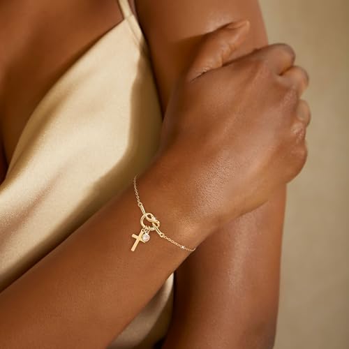 Moodear Cross Bracelet for Women, Dainty Sterling Silver/Gold Plated Gift | Christian Religious Gifts for Teen, Stocking Stuffers, Adjustable Link Bracelets, Sparkling CZ Cross, Non Tarnish Jewelry - color: Gold Knot Cross Bracelet