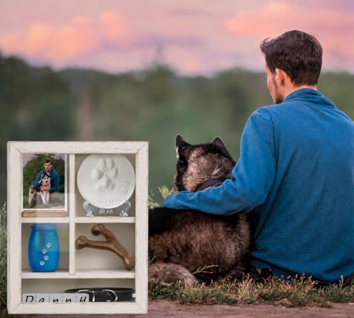 12x16 Inch Solid Wood Pet Memorial Shadow Box Frame with Shelves - color: Distressed White