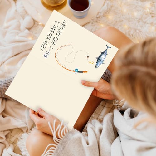 Funny Fishing Birthday Gift for Him Her, Fishing Pun Card for Men Women | Funny Birthday Card for Fishing Lovers, “REEL-y Good Birthday” Greeting Card with Envelope - color: New WY-238
