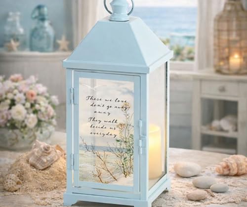 Magnolia Garden 14 Inch Sky Spring Blue Metal Traditional Lantern – LED Candle Bereavement Home Decor – Beachy Floral Design – Those We Love Do Not Go Away, They Walk Beside Us - size: 5.25 x 5.25 x 14, style: Those We Love Do Not Go Away