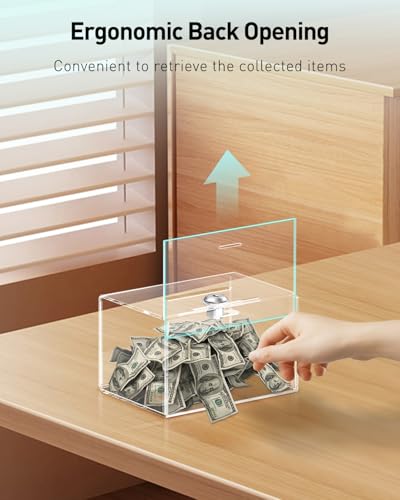 Uniclife 6.3"x 4.6" x 4"Clear Thickened Acrylic Donation Box with Slot Lock | Sign holder attached, serves as plastic storage box for charity, fundraising and tip collection use