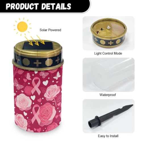 Poceacles Solar Lights Outdoor Solar Powered Outdoor Cemetery Stake Candle Grave Lamp Landscape Lighting Waterproof Grave Flameless Candle, Pink Ribbon Rose Butterfly - color: Pink Ribbon Rose Butterfly