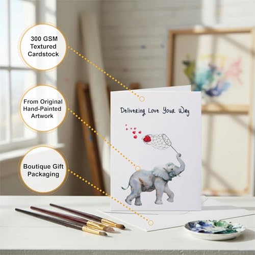 Watercolor Elephant "Thinking of You" Card β "Delivering Love Your Way" β Heartfelt Encouragement & Support Card for Friends, Family β 5x7 Premium Textured Art Stationery β Blank Inside