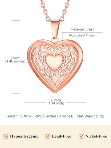 Custom4U Personalized Heart Locket Necklace with Pictures,Sunflower/Angel Wings/Heart Shaped Lockets Custom Photo,Gold/Rose Gold/White Lockets That Holds Picture,Customized Memorial Jewelry for Women - color: B-Heart-Rose Gold(Locket + Photo + Engraving)