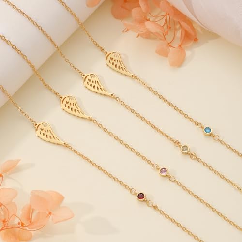 Gold Angel Wings Necklace Sympathy Gifts for Loss of Loved One 1-12 Birthstone Necklace Guardian Angel Memorial Condolences Remembrance Comforting Spiritual Jewelry - color: 07 July