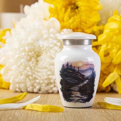 Mini Keepsake Urn for Human Ashes – Small Christian Cross Memorial Urn – Decorative Metal Funeral Keepsake for Family Remembrance