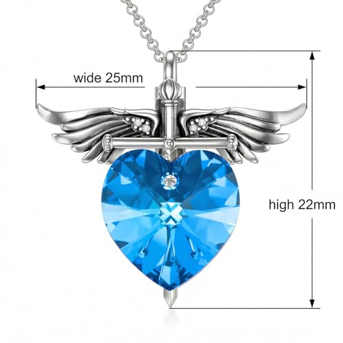 SOULMEET Memorial Wings Necklace for Ashes with Large Heart Crystal Birthstone, Angel Wings Urn Necklaces with Heart Shaped Birthstone Keepsake Silver Cremation Jewelry - style: L-December