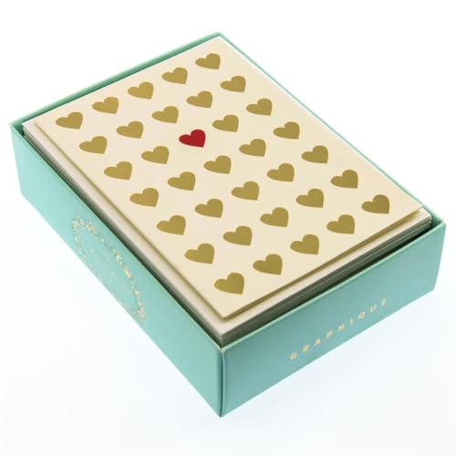 Graphique Lots of Love La Petite Presse Boxed Notecards - 10 Embossed and Embellished Gold Foil Heart Blank Cards with Matching Envelopes, 3.25 x 4.75" (L1315CB) - color: Lots of Love