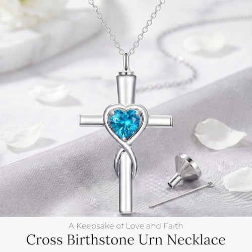 YYB Urn Necklace for Ashes Women Heart Birthstone Cross Cremation Jewelry | Memorial Keepsake Funeral Jewelry for Loved Ones (with Funnel Filler) - color: 12-Dec-Topaz
