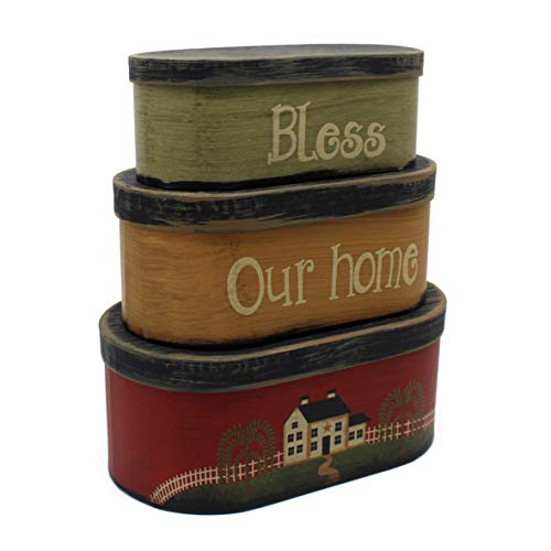 CVHOMEDECO. Primitives Rustic Oval “Bless Our home” Cardboard Nesting Boxes, Large 9-3/4 x 5-1/2 x 4 Inch, Set of 3. - color: Bless Our home