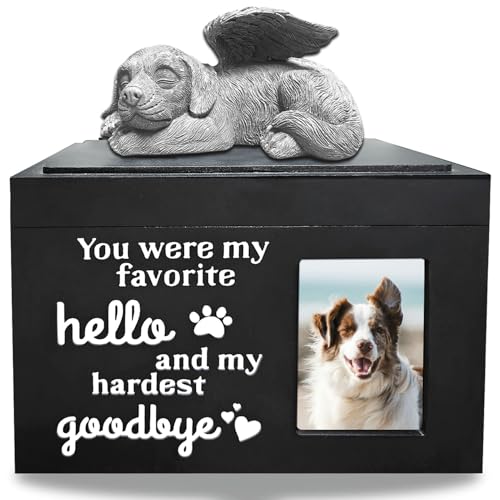 Dog Urns for Ashes Up to 100 lbs, Premium Wooden Pet Urns for Dogs with Memorial Photo Frame and Resin Statue, Dog Urn Sympathy Gift for Both Large Midium Golden Retriever, Labrador, Shepherd