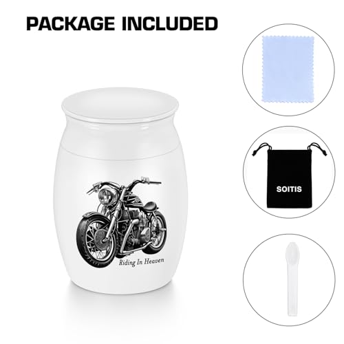 SOITIS Mini Urns Stainless Steel Decorative Cremation Keepsake for Ashes 1.57 Small Urns Memorial Ashes Urn with Black Motorcycle - Riding in Heaven