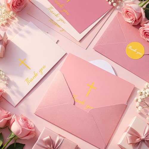 Resurhang 30 Pack Baptism Thank You Cards with Envelope and Stickers 4 x 6 Inch Gold Foil Embossed Cross Blank Inside Cards Bulk for Baptism Funeral Baby Shower Party Supplies(Pink) - color: Pink