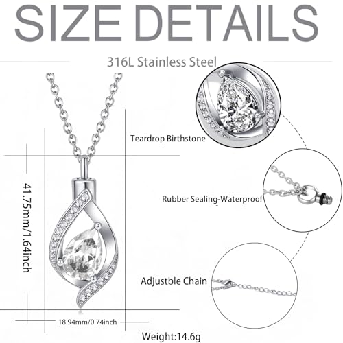Teardop Cremation Jewelry Urn Necklace for Human Pet Ashes CZ Heart Stainless Steel Urn Pendant Memorial Jewelry Sympathy Gift - color: April