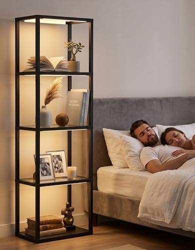 PARTPHONER Large Glass Display Shelf with Remote Control, Dimmable LED Floor Lamp with Shelves, Open Display Cabinet, 3 Color Temperature Control, Black